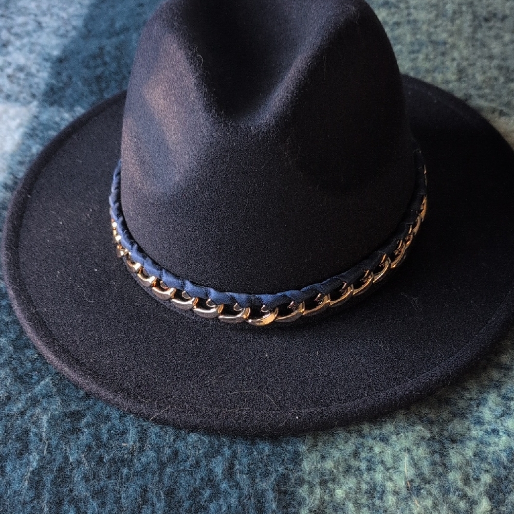 Stylish Navy Fedora with Gold ChainAnd Accent